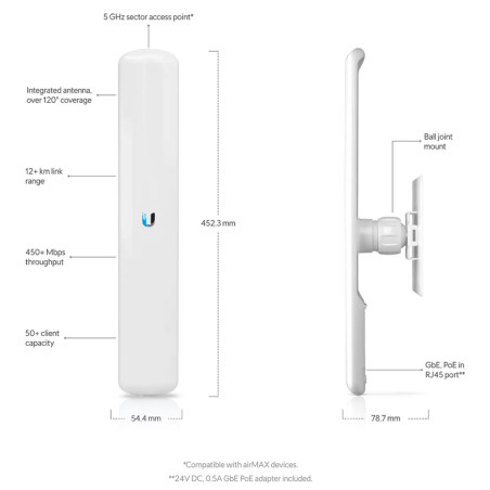 Ubiquiti Lite AP AC Airmax Outdoor 5 POE Access Point (450Mbps) with mounting bracket & PoE Injector